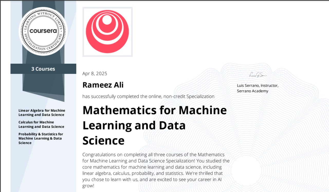 Mathematics For ML Certificate